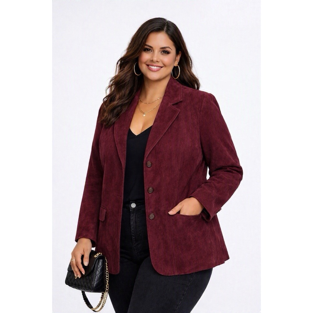 D&Co Suede Leather Blazer Jacket Womens 2X Burgundy Button Down Classic Lined